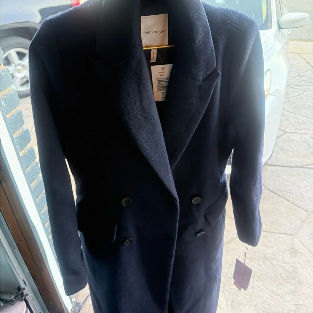 Avec Les Filles Navy Long Single-Breasted Wool Peacoat - Picture 3 of 5